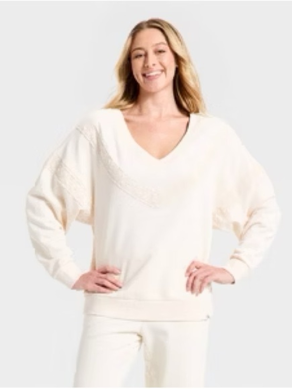 Joy Lab White Ivory Oversized V Neck Crochet Trim Pullover Sweatshirt Size XXL